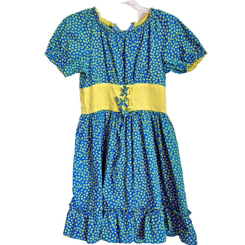 Vintage handmade dress kids S blue floral puff sleeve costume dress up retro
